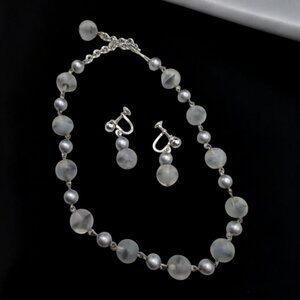 Vtg Demi Parure Choker Necklace Screw-back Earings Gray Moonglow Beeds 13"-16"